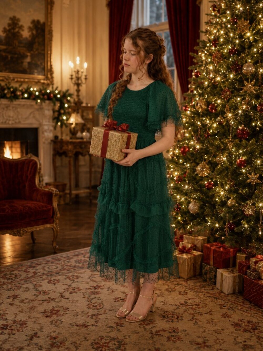 Pologram Green Smocked Swiss Dot Tulle Ruffle Dress